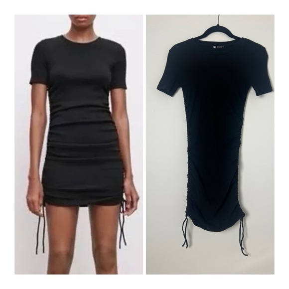 ZARA Women's Black Ribbed Jersey Side Ruched Drawstring Bodycon Athleisure Sz M - Picture 1 of 12